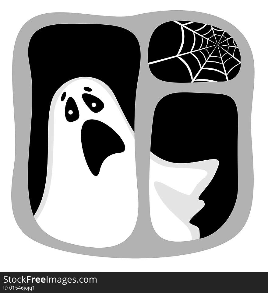 Cartoon ghost in a dark window with a cobweb. Halloween illustration.