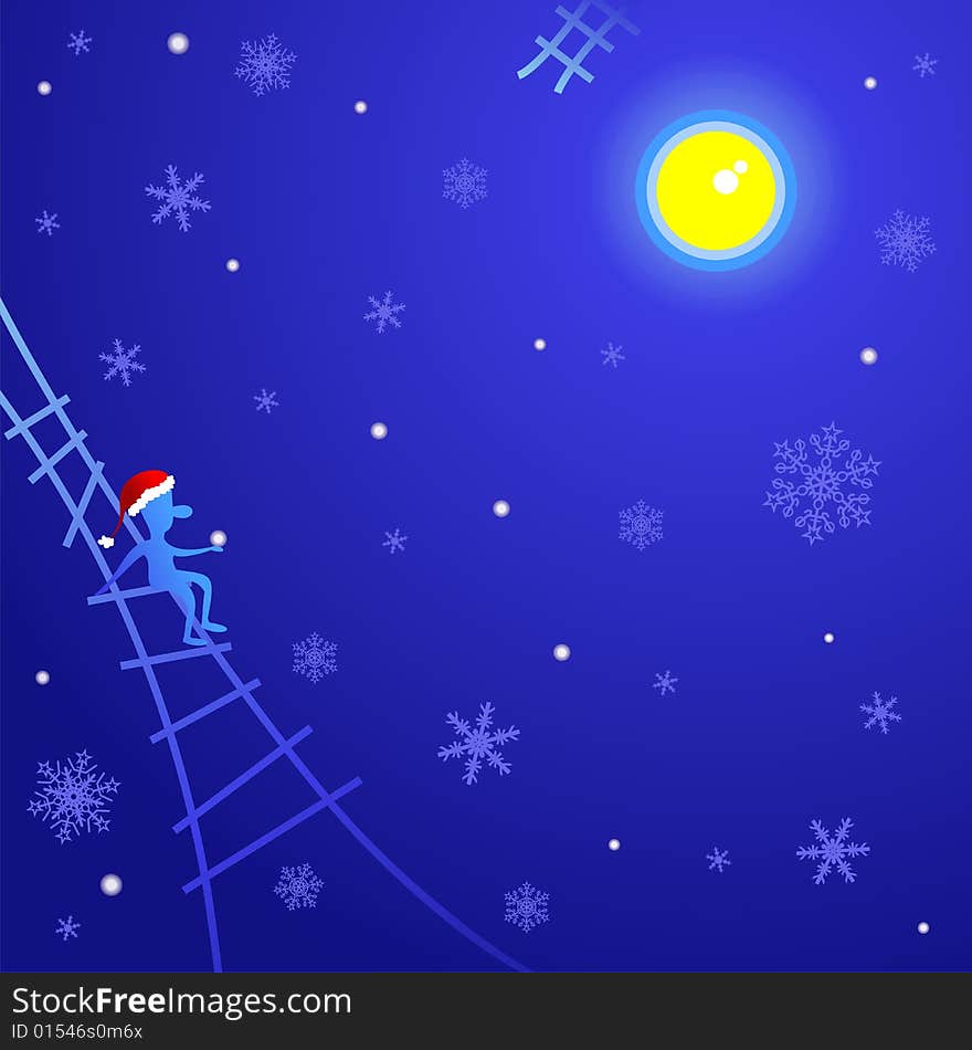 Cartoon romantic person in hat sitting on stairway in full moon in the winter night. Cartoon romantic person in hat sitting on stairway in full moon in the winter night