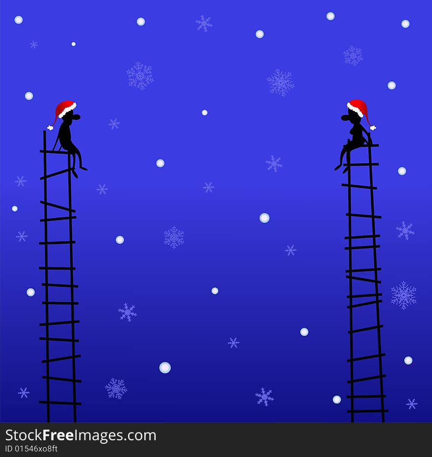 Two on stairway in the winter night