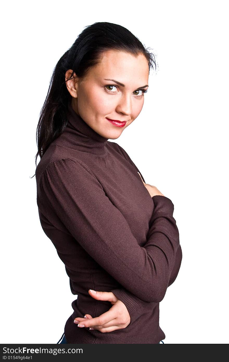 Portrait of the charming girl with dark hair on a light background