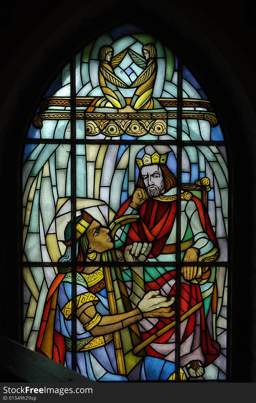 Vintage Stained Glass Window in polish church - village Szyszki, state Mazovia.