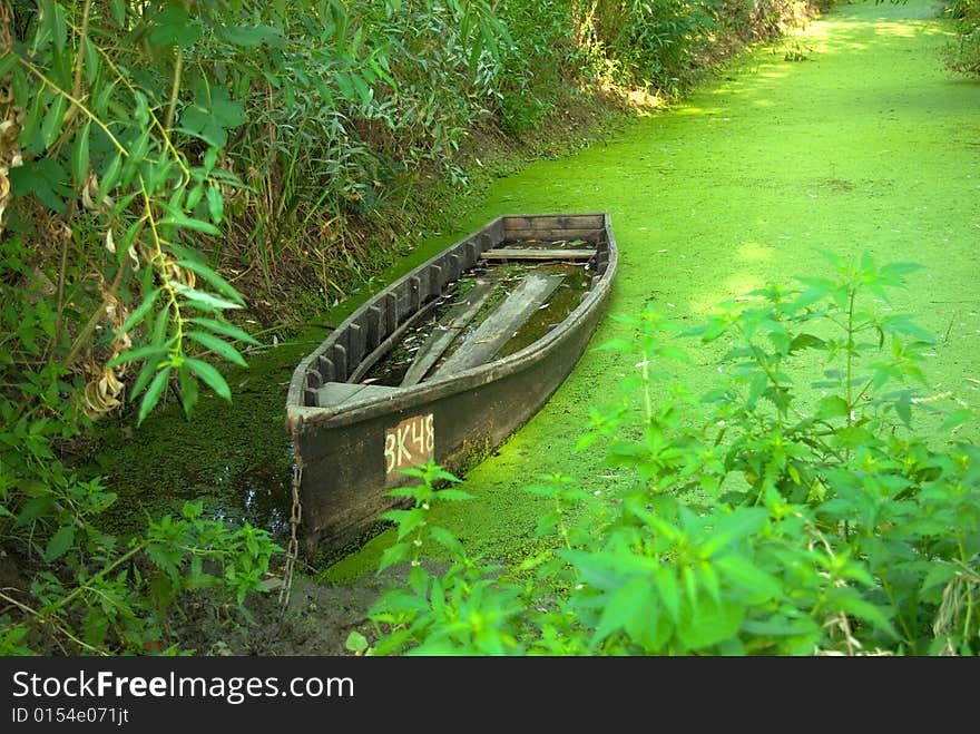 Traditional wooden boat on the river, Ukraine, Odes'ka Oblast, Vylkove