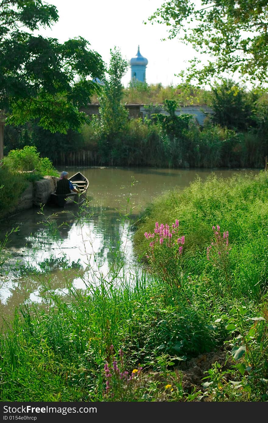 Traditional wooden boat on the river, Ukraine, Odes'ka Oblast, Vylkove