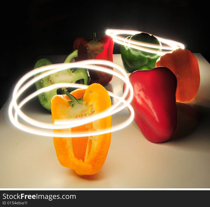 Colourful capsicum with light trail. Colourful capsicum with light trail