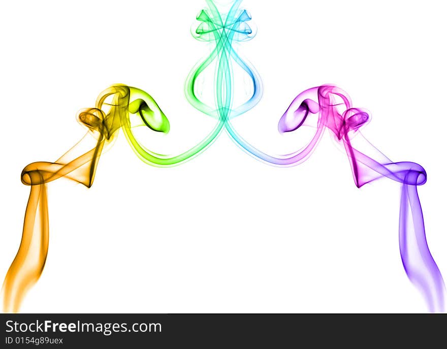 Vivid multicolored smoke forming twirls on white background. Vivid multicolored smoke forming twirls on white background