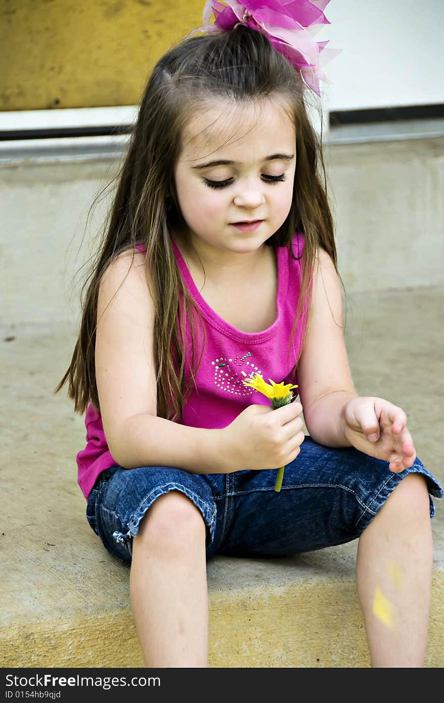 He loves me, he loves me not. Little girl pulling pedals from a flower.