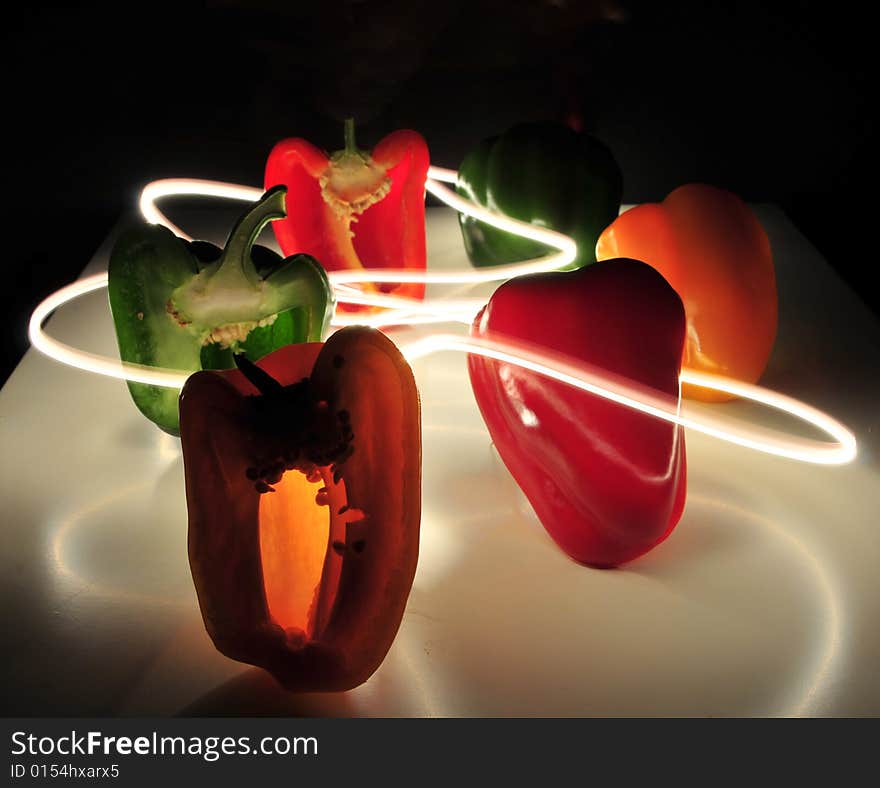 Colourful capsicum with light trail. Colourful capsicum with light trail