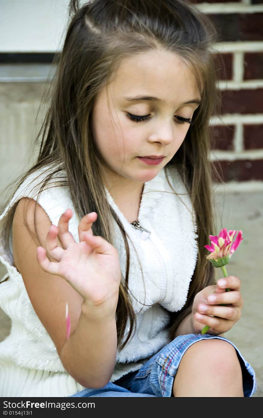 Little girl plucking pedals from a flower. Little girl plucking pedals from a flower