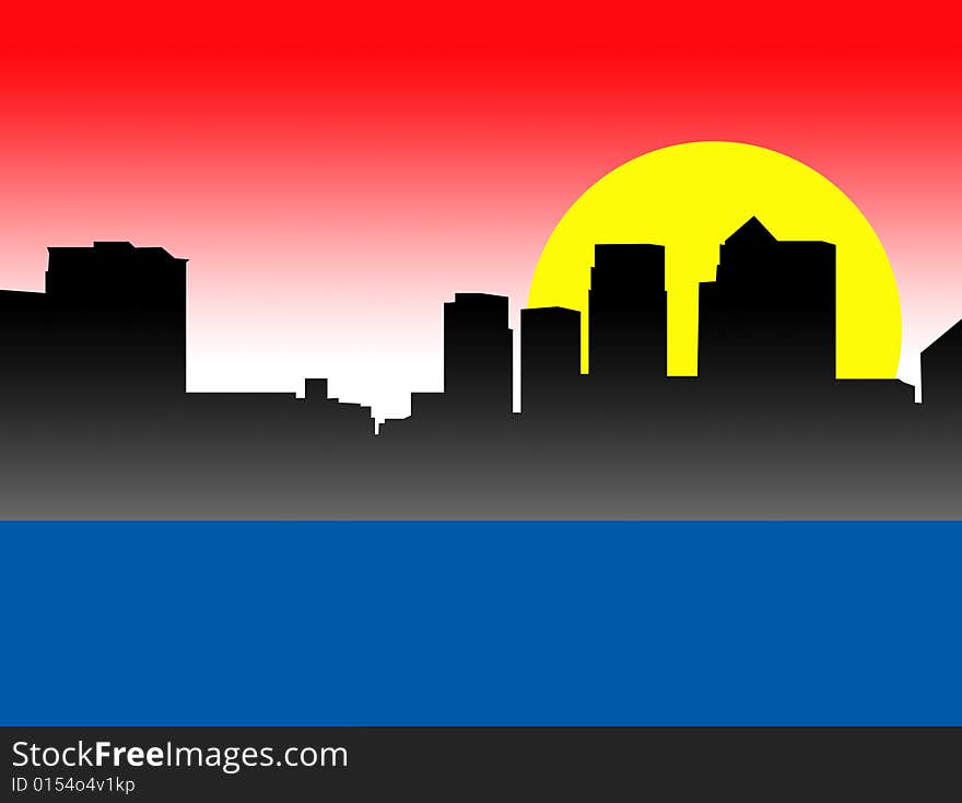 A silhouette of a London skyline with a sun background. A silhouette of a London skyline with a sun background.