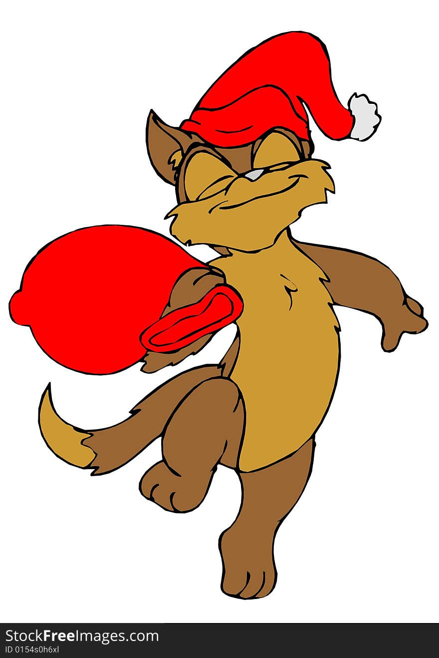 Illustration of cartoon santa cat with bag of toys.