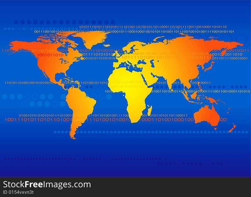 Illustration of world map with binary technology