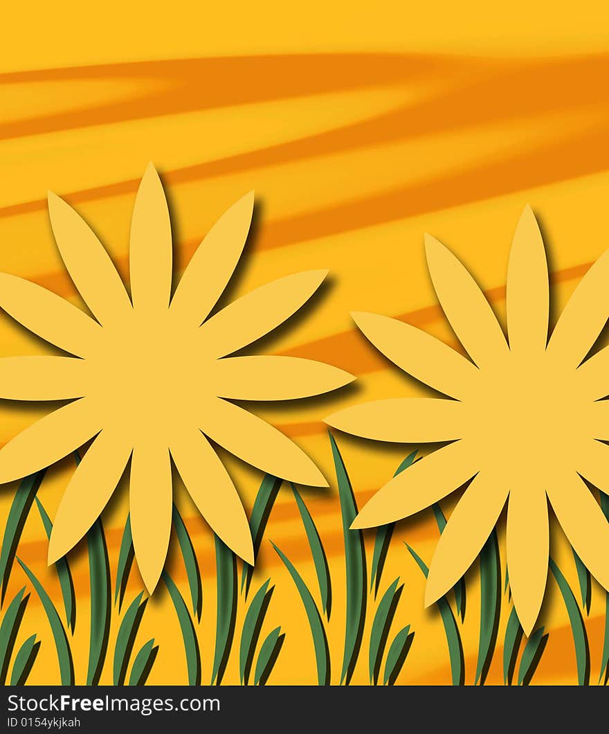 Abstract drawing of the colors of sunshine, Sunflowers, and grass blades. Bold orange, yellow and green colors. Abstract drawing of the colors of sunshine, Sunflowers, and grass blades. Bold orange, yellow and green colors.