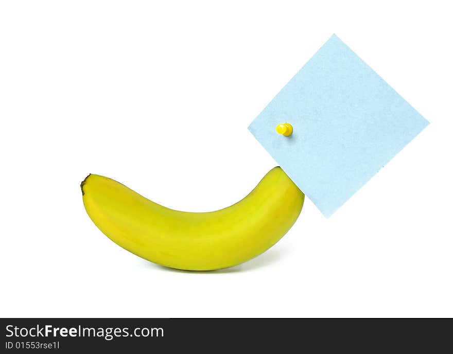 Banana and note paper isolated on white background