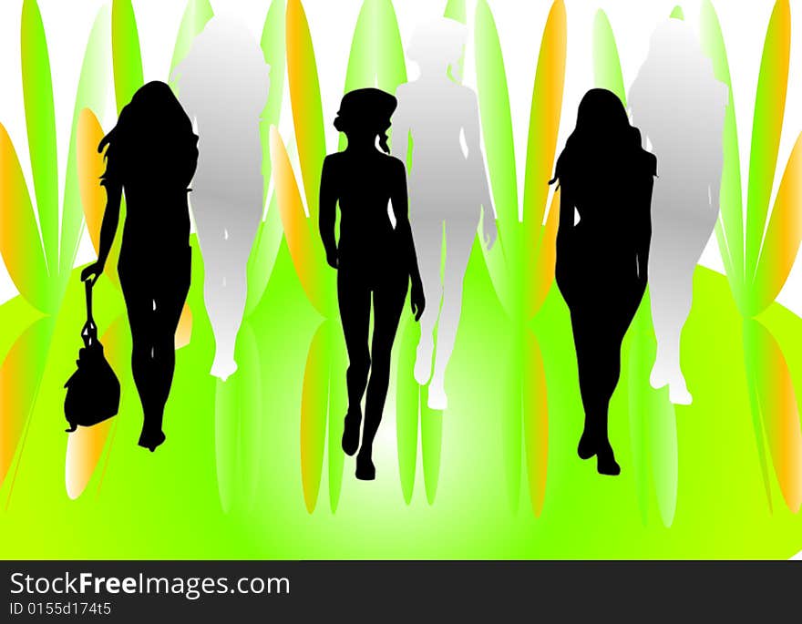 Illustration of tree woman and green background