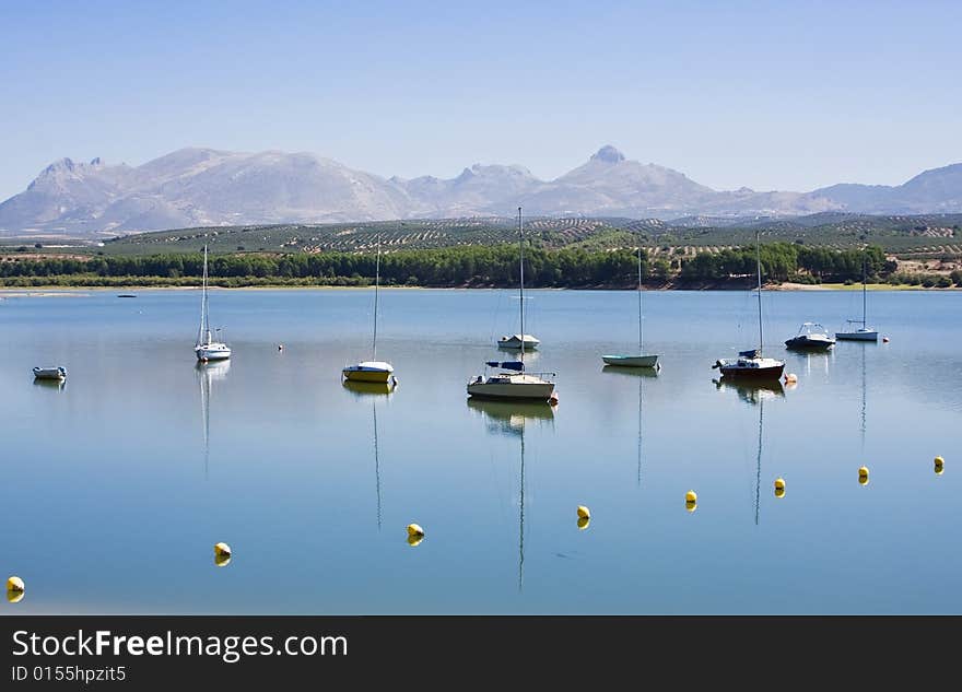 Some yatchs in a lake under blue sky. Some yatchs in a lake under blue sky.