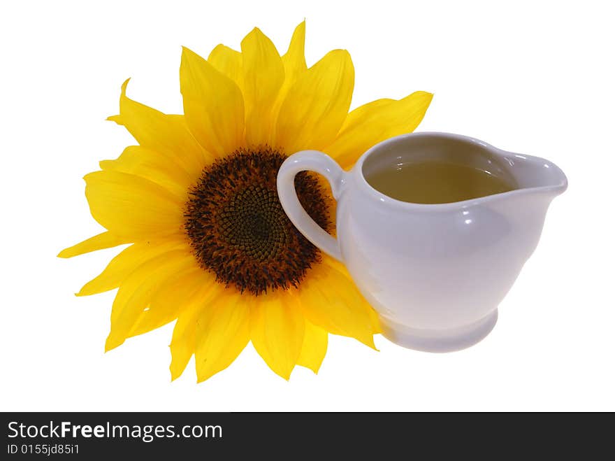 Sunflower oil with flower isolated on white background