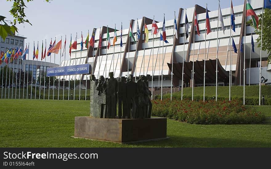 Euro flags in front of the european Parliament in Strasbourg