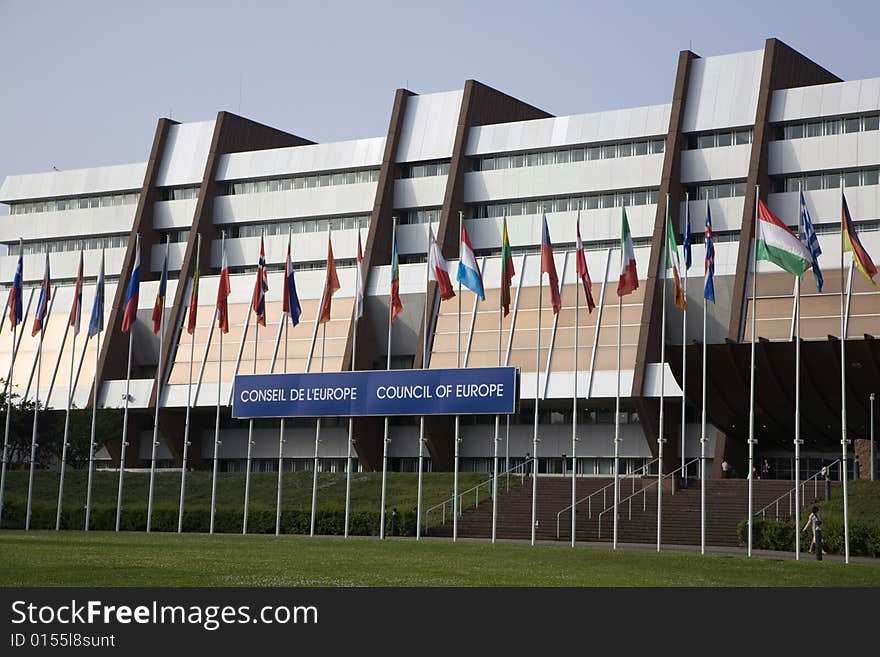 Euro flags in front of the european Parliament in Strasbourg