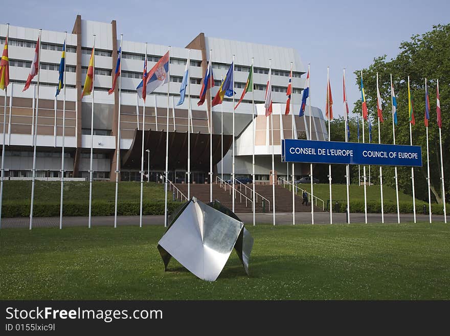 Euro flags in front of the european Parliament in Strasbourg