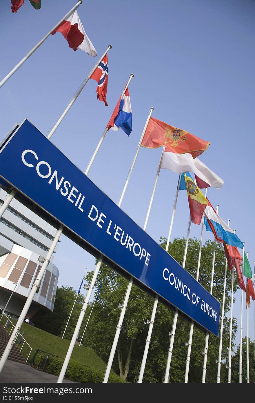 Euro flags in front of the european Parliament in Strasbourg