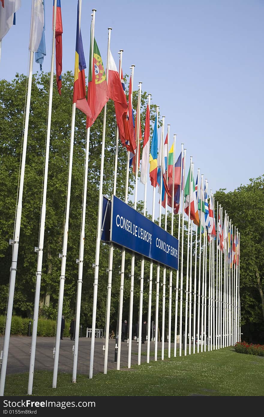 Euro flags in front of the european Parliament in Strasbourg