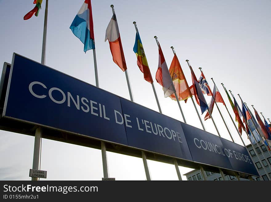 Euro flags in front of the european Parliament in Strasbourg