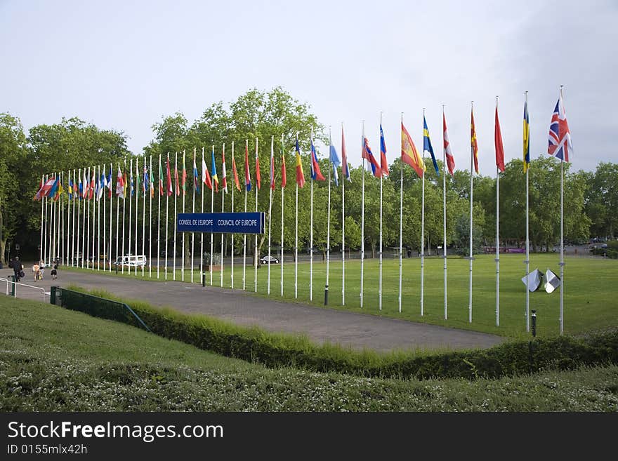 Euro flags in front of the european Parliament in Strasbourg