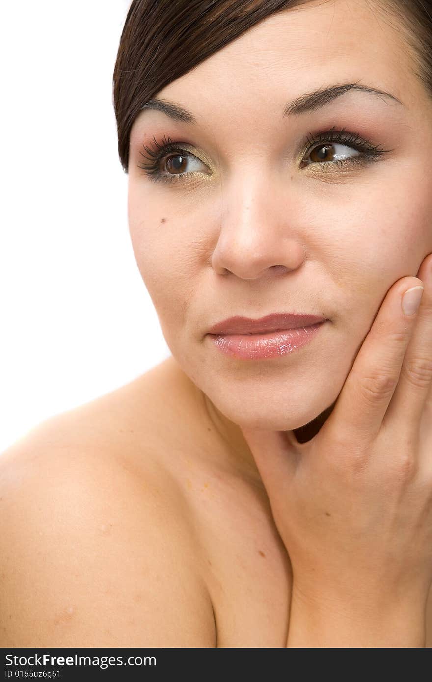 Fresh and brunette woman on white background. Fresh and brunette woman on white background