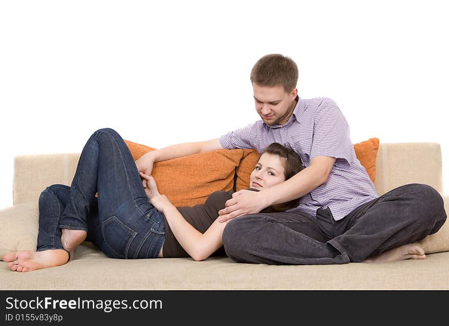 Happy couple together on sofa. Happy couple together on sofa