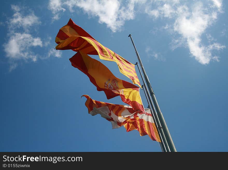 3 flags from spain: spain catalunya and barcelona. 3 flags from spain: spain catalunya and barcelona