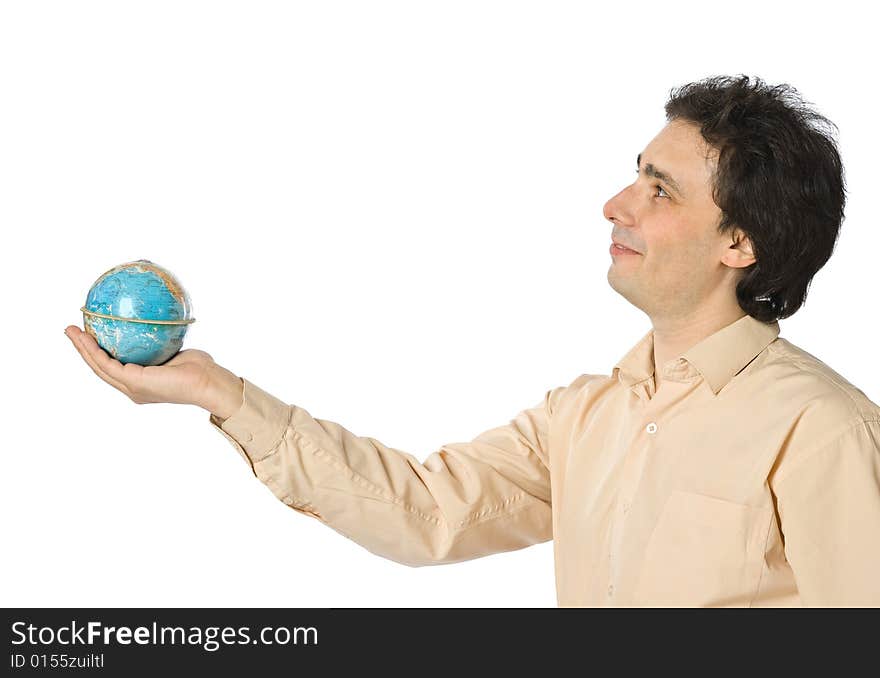 An isolated photo of a smiling man with a globe. An isolated photo of a smiling man with a globe