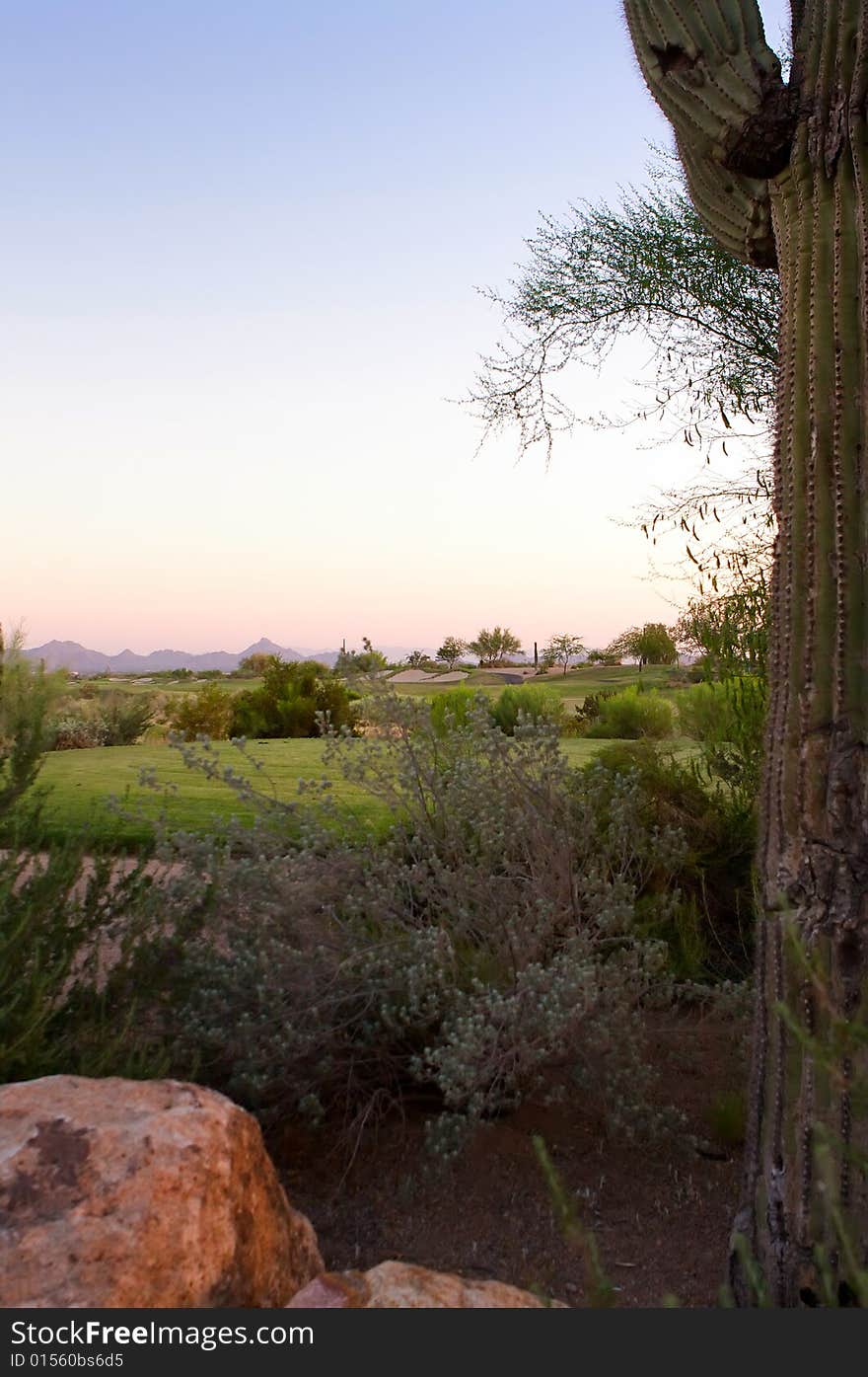 Golf course in the Arizona desert with mountains in the late afternoon sun