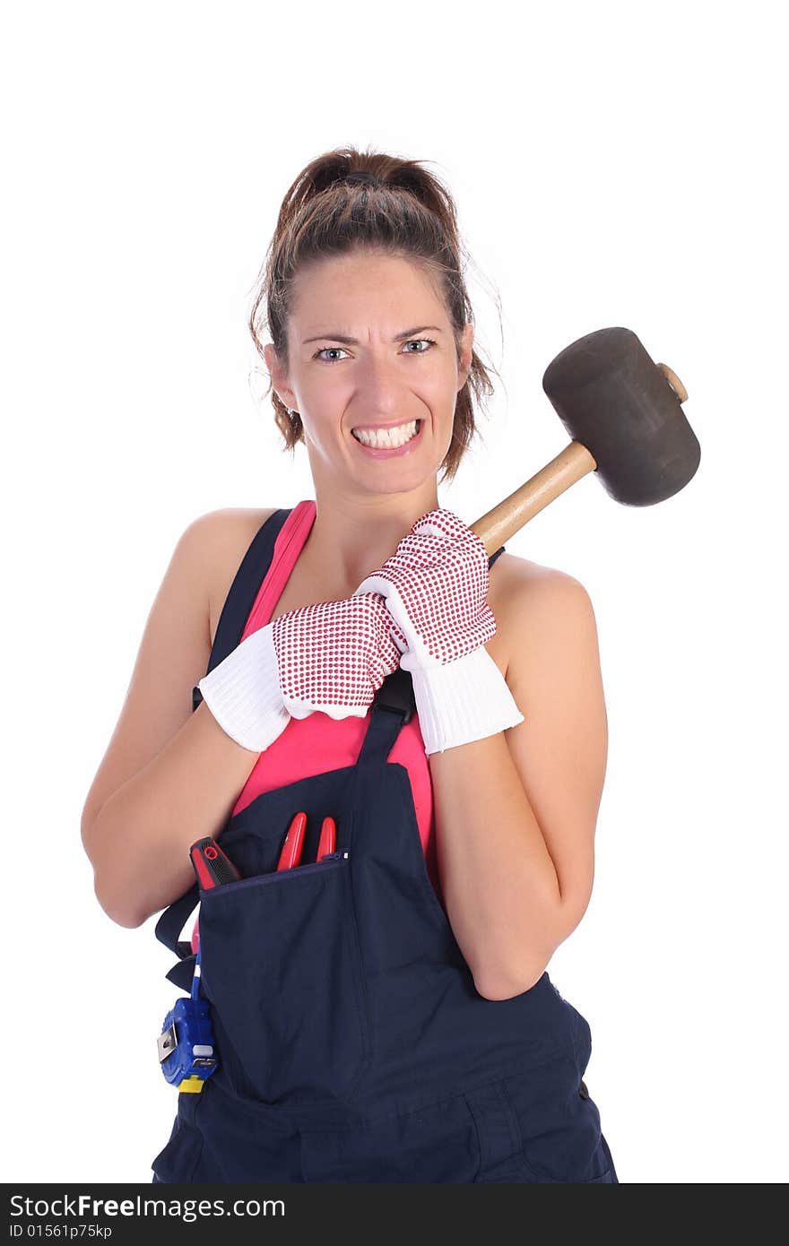 Woman with black rubber mallet on white background