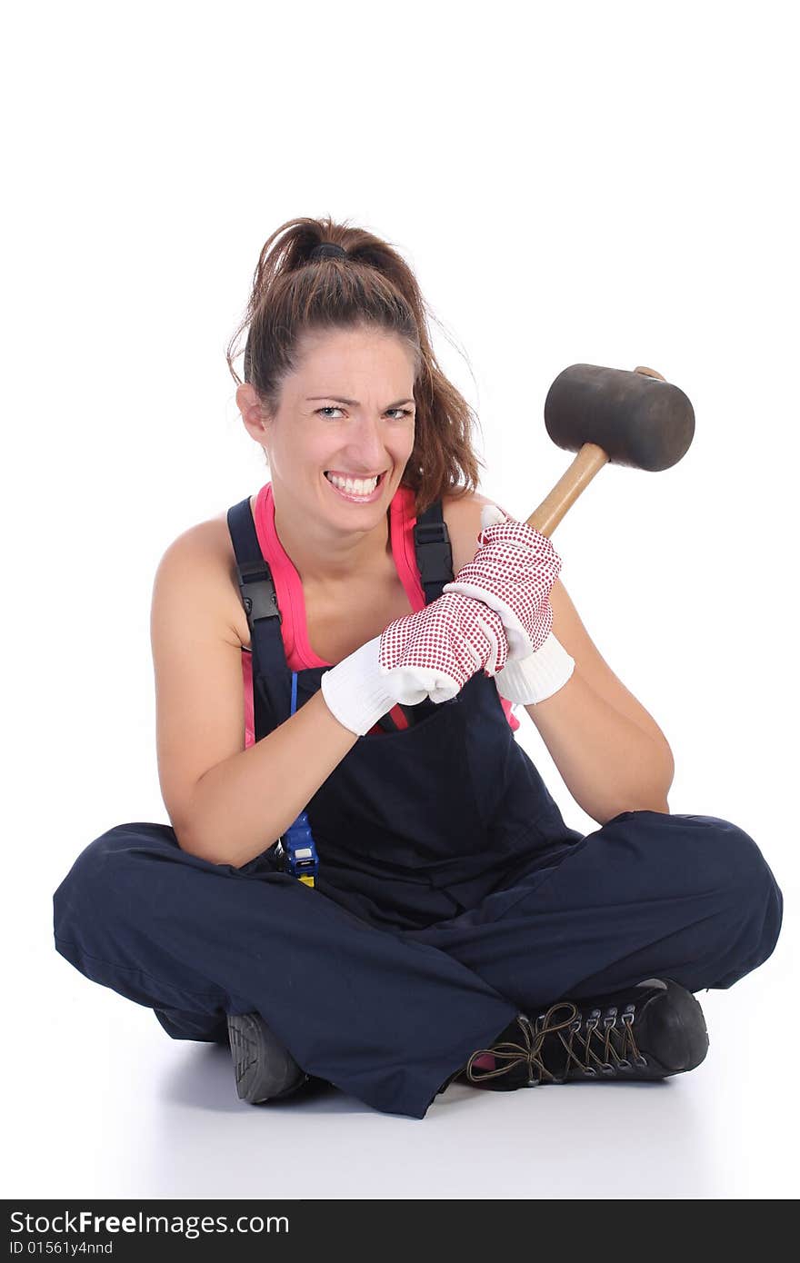 Woman with black rubber mallet on white background