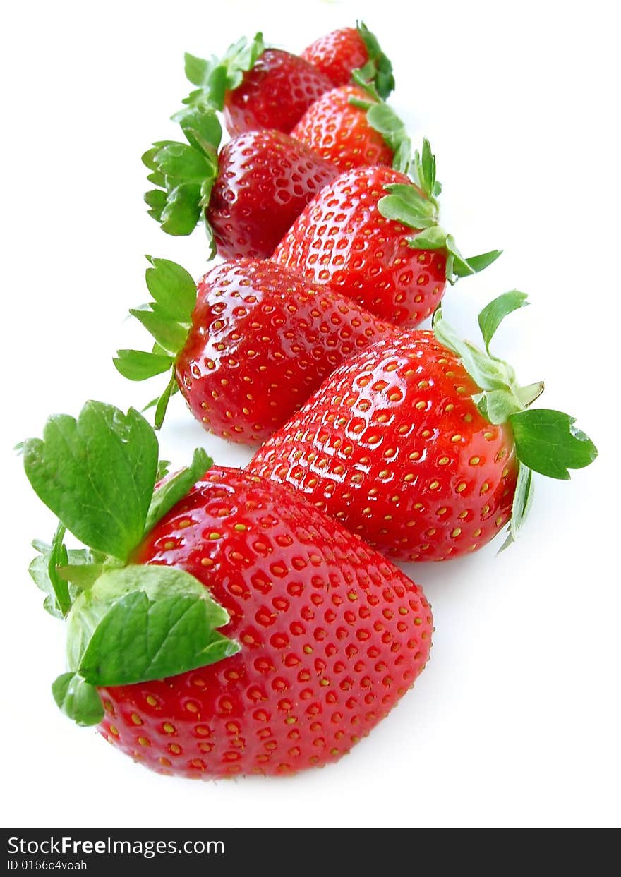 A lot of ripe strawberries in row isolated on white. A lot of ripe strawberries in row isolated on white