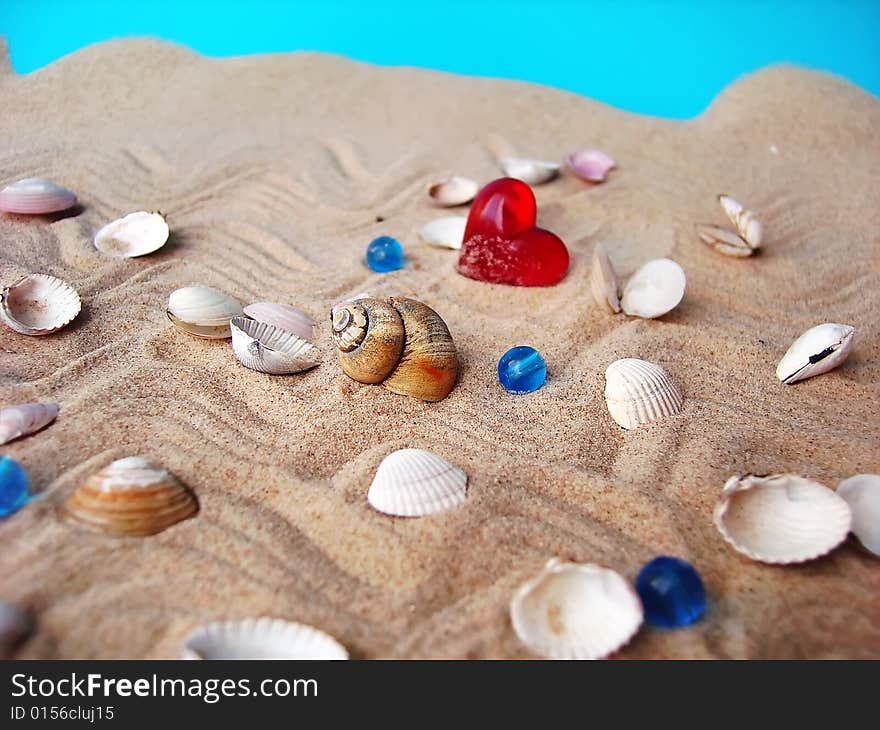 Sea shells, sand  and red heart. Sea shells, sand  and red heart