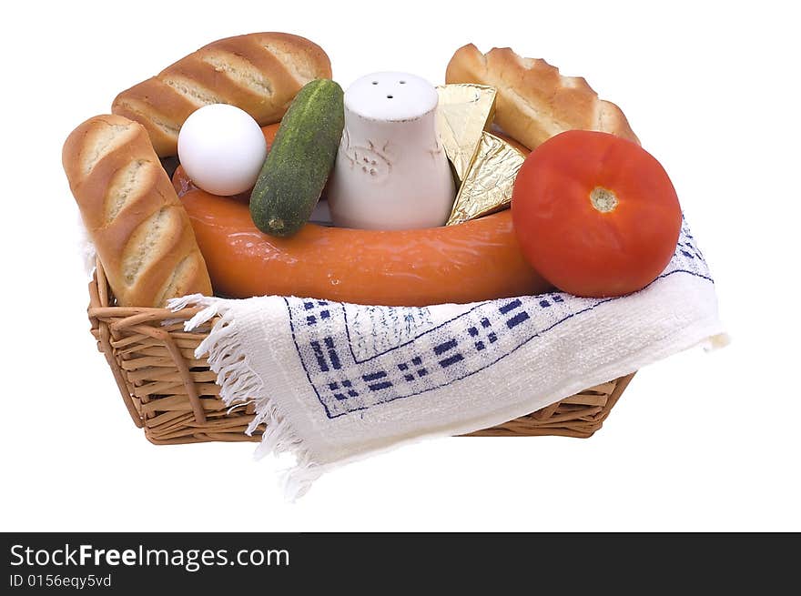 Wattled basket with food.