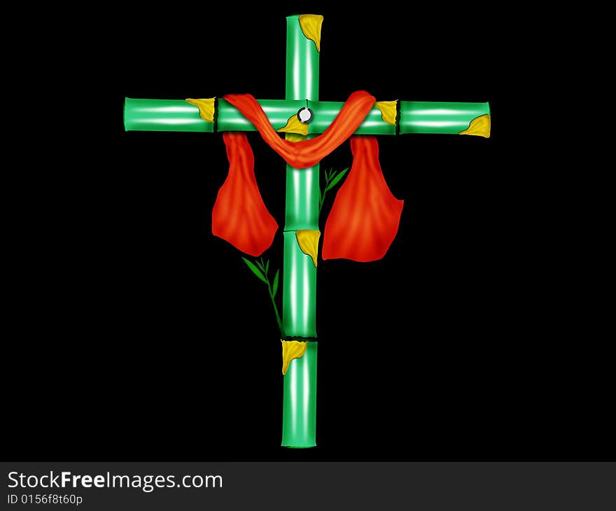 The cross symbol with bamboo trees and red colour cloth designed by illustration-photoshop on black background