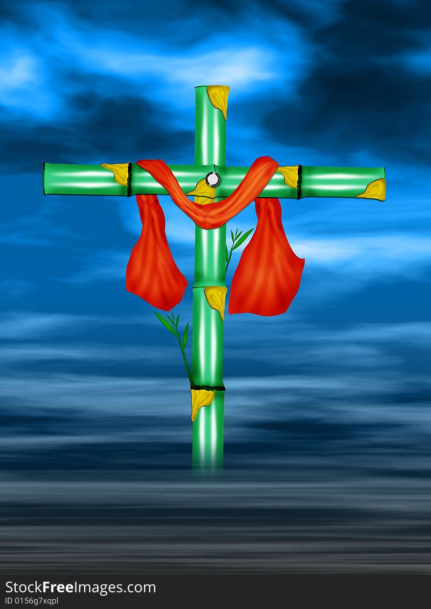 The cross symbol with bamboo trees and red colour cloth on blue sky and sea designed by illustration