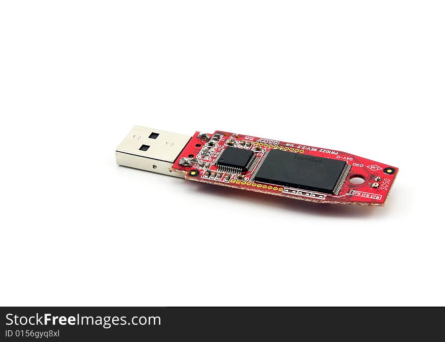 Faulty USB drive isolated on white background