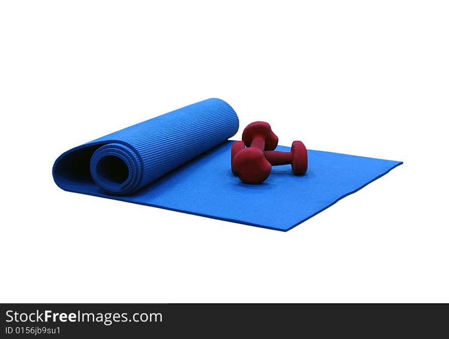 Rug and dumbbells for employment by fitness and aerobics