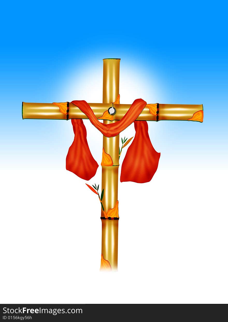 The cross symbol with bamboo trees and red colour cloth on blue colour gradient white flair, designed by illustration