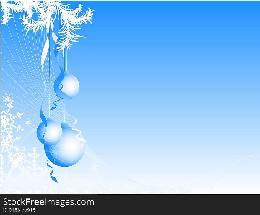 Christmas blue background with snowflakes and bulbs