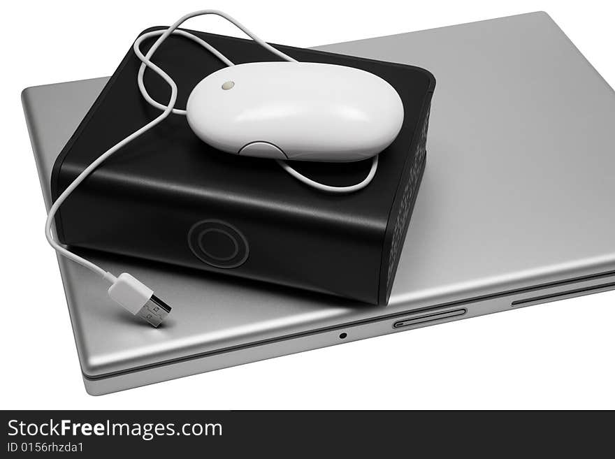 Notebook and an external hard drive on a white background