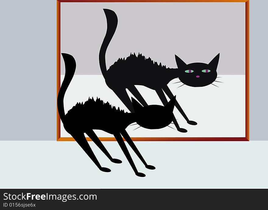 Vector illustration of scared cat with its reflection