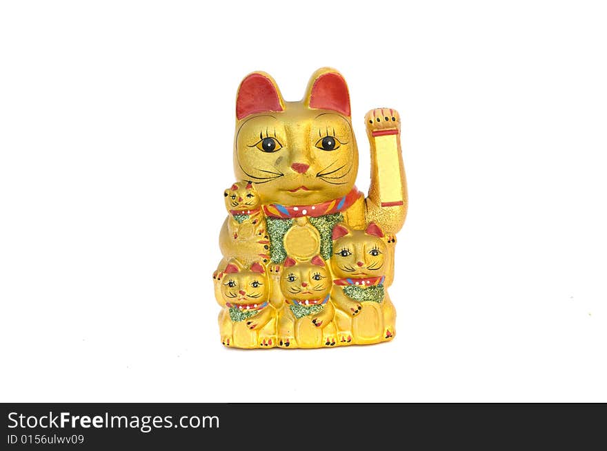 Golden Maneki Neko Or Chinesse Cat In White