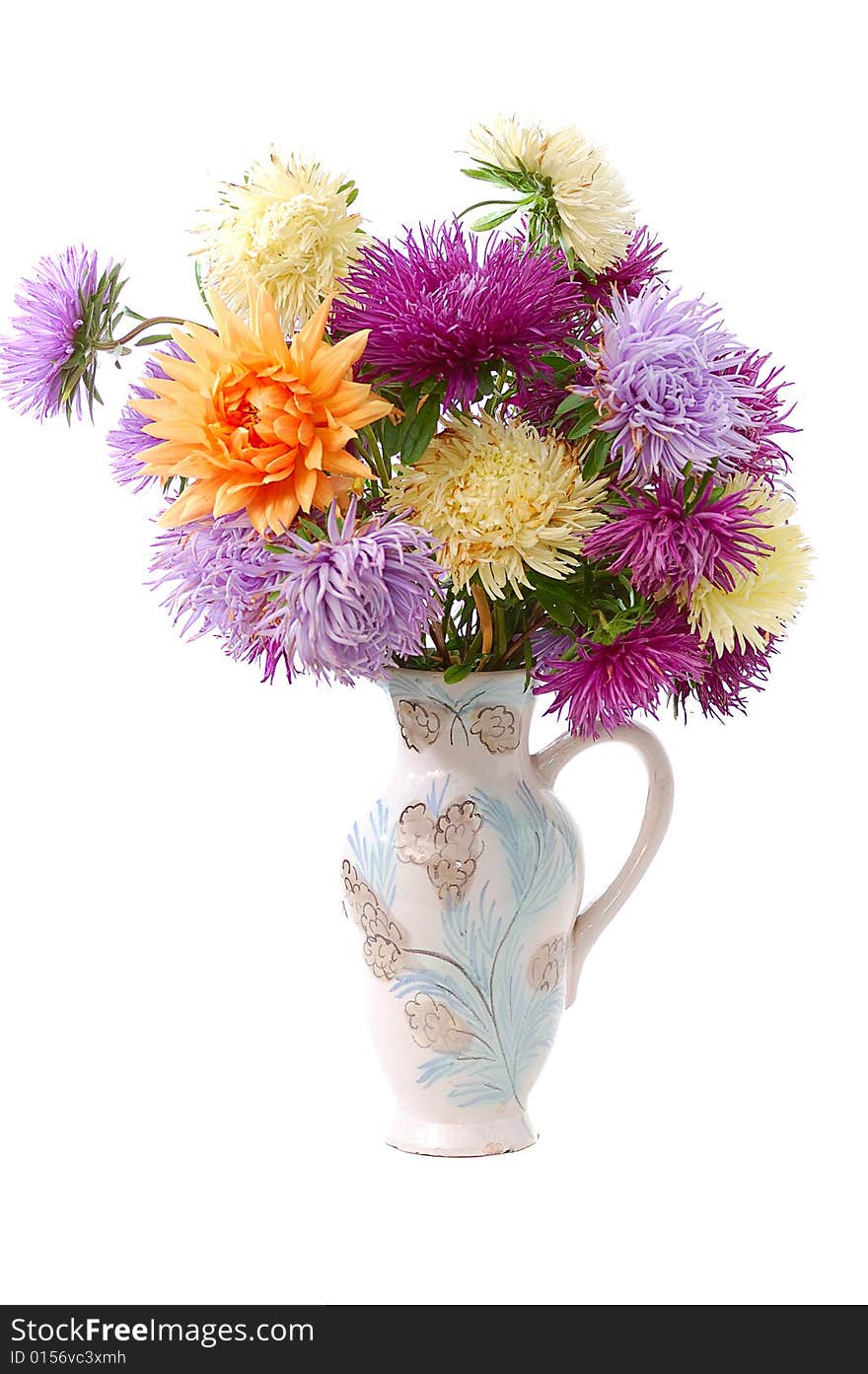 Bunch of colorful asters in old vase isolated on white background