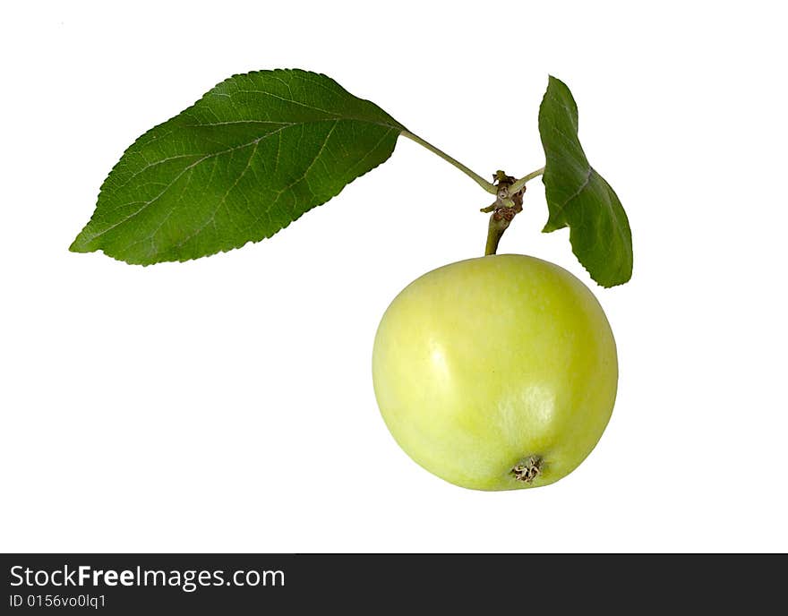 Green apple with leaves isolated on white background