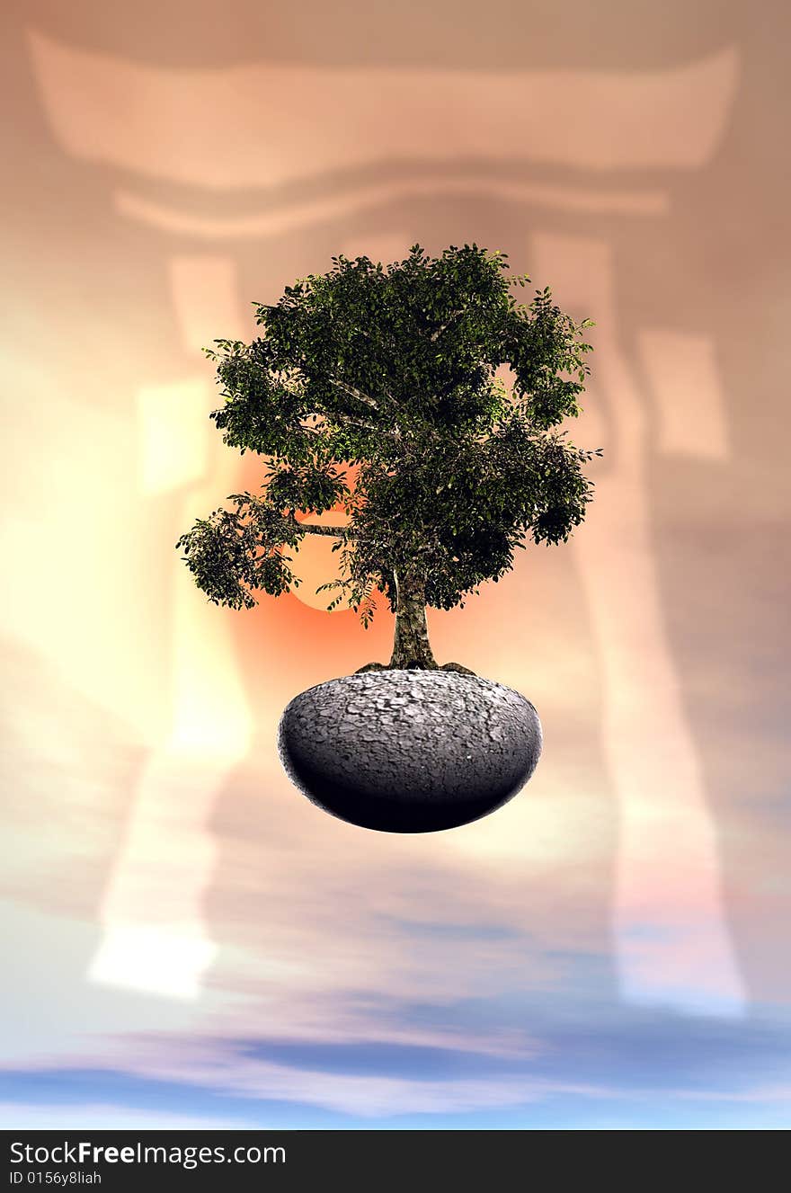 3d image with bonsai tree and chinese theme