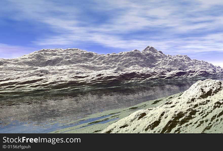 Mountain over the see, high resolution 3d render